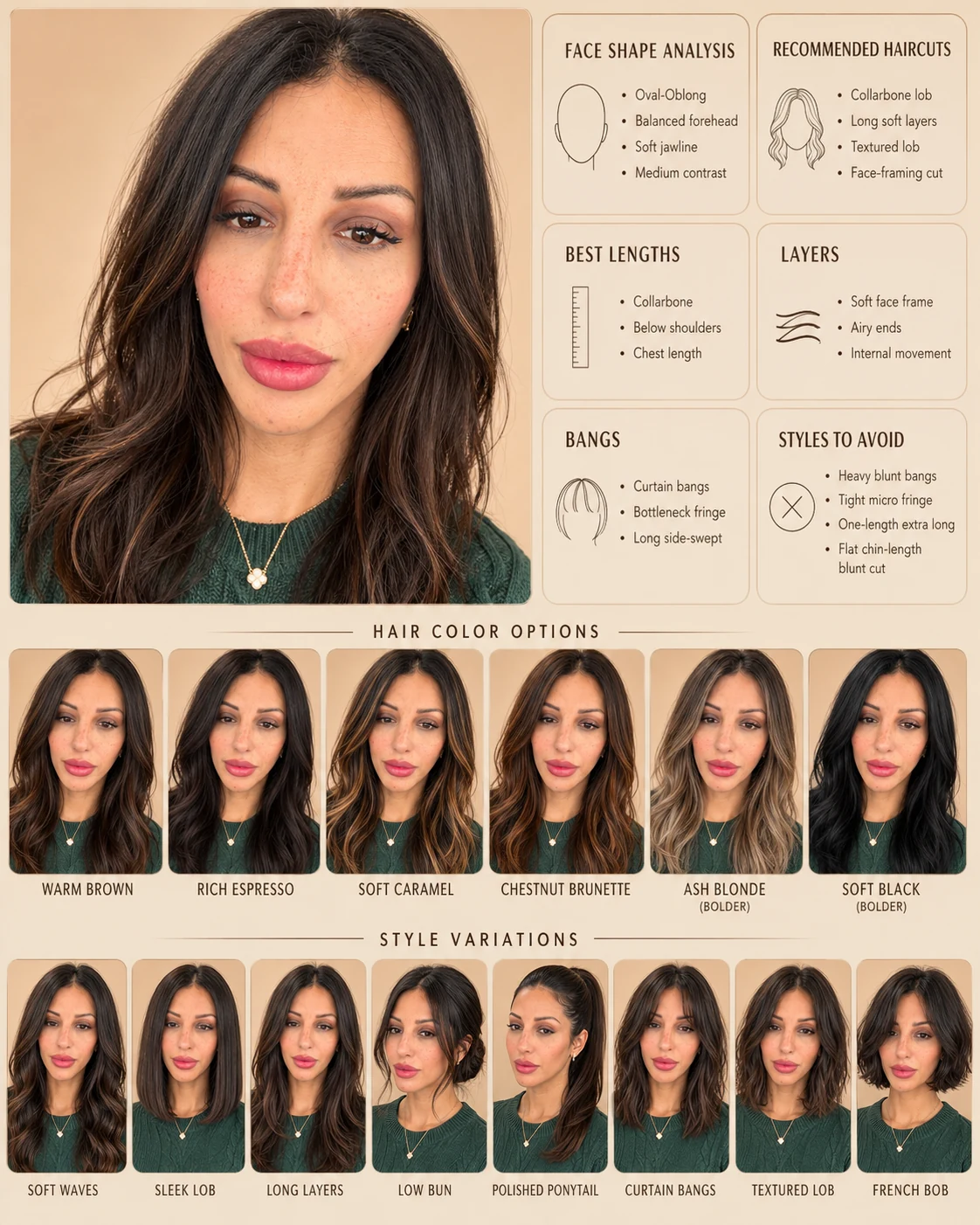 Nadia's AI-generated hairstyle analysis showing face shape, recommended cuts, and color transformations