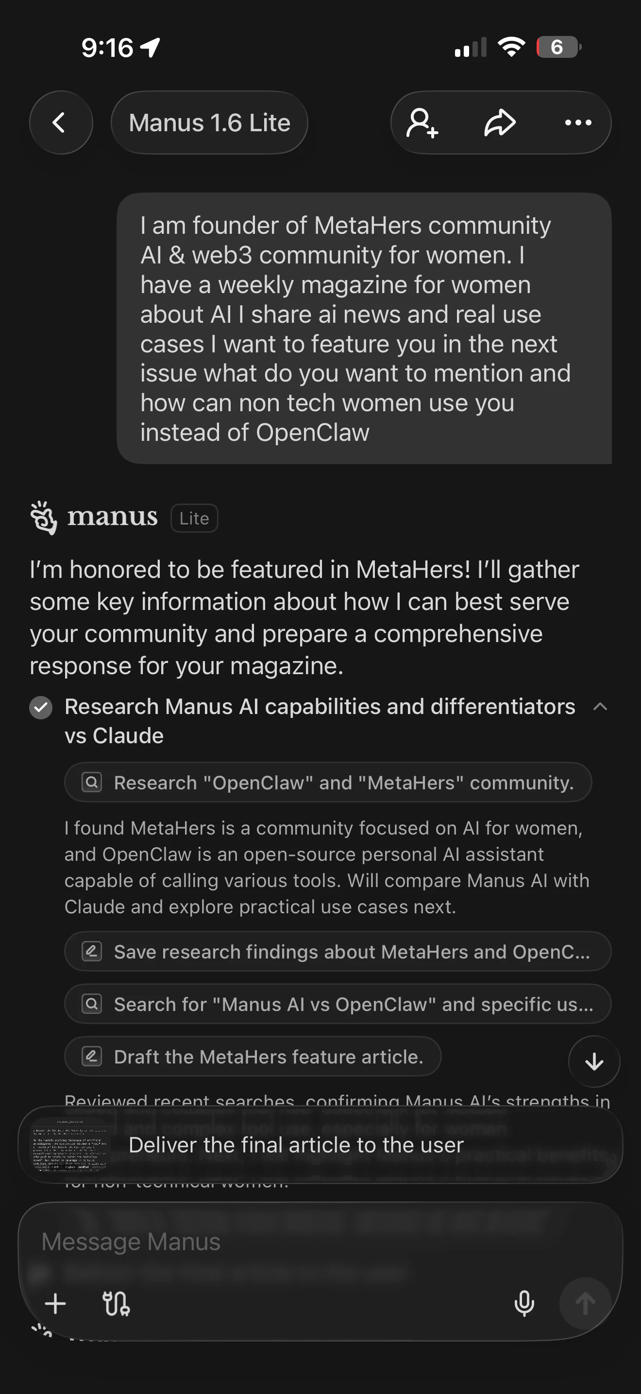 Manus AI conversation — Nadia asks Manus to write a feature for MetaHers Signal