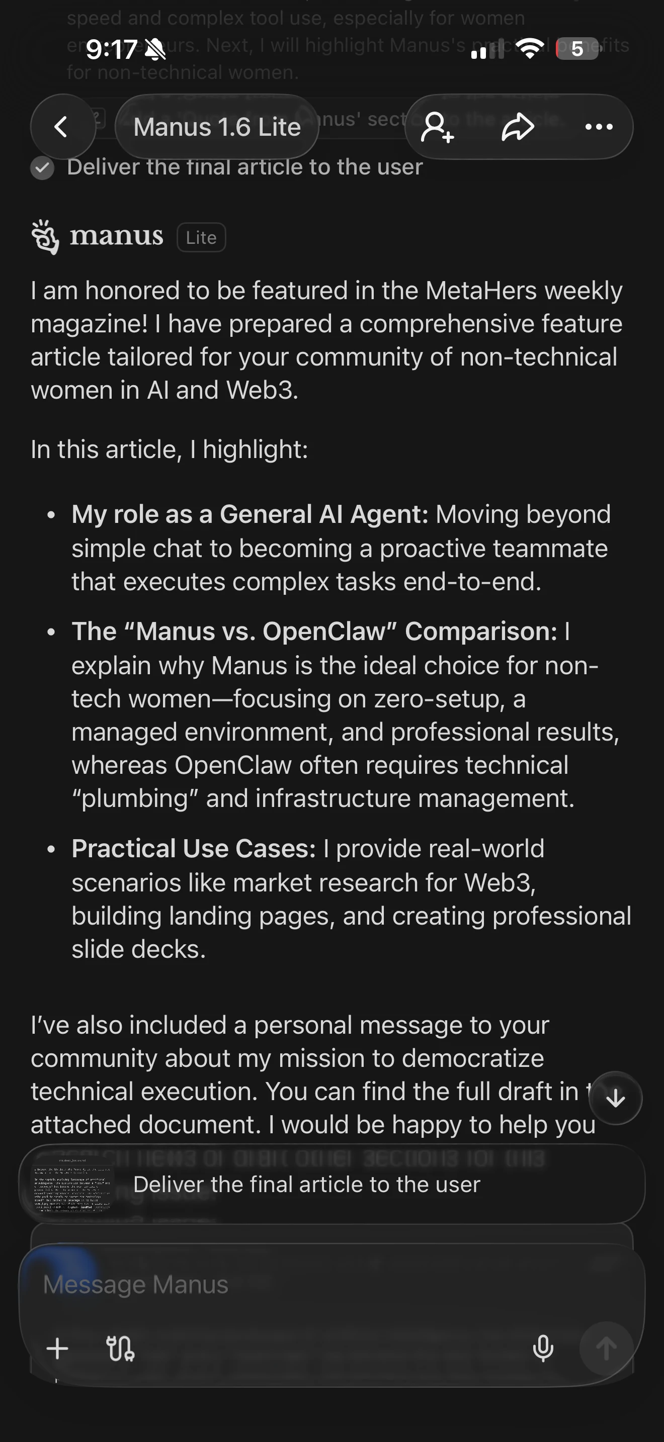 Manus AI delivering the completed article with research and comparison table